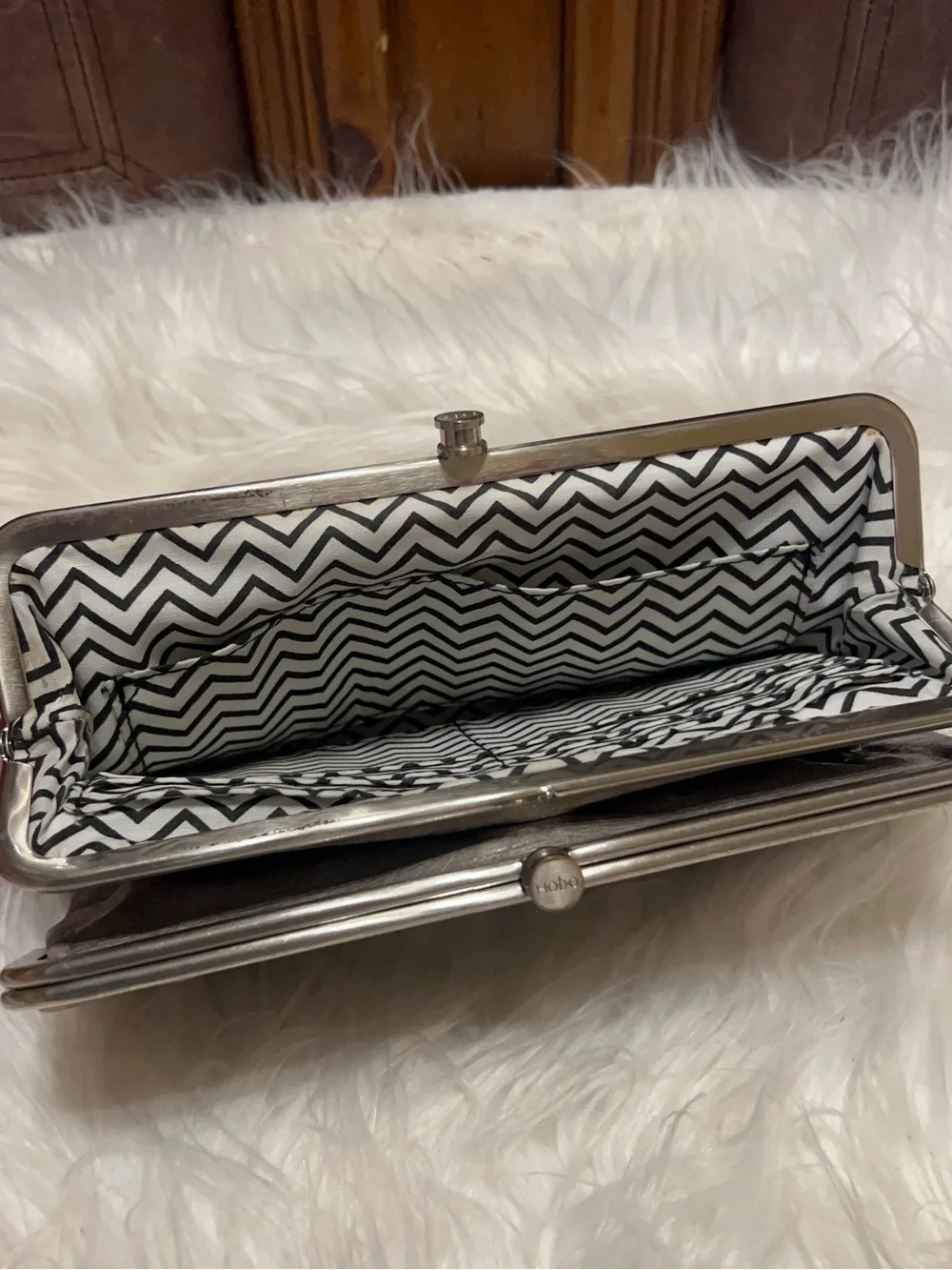 HOBO  international Taupe Patterned Frame Clutch with Silver-Tone Trim